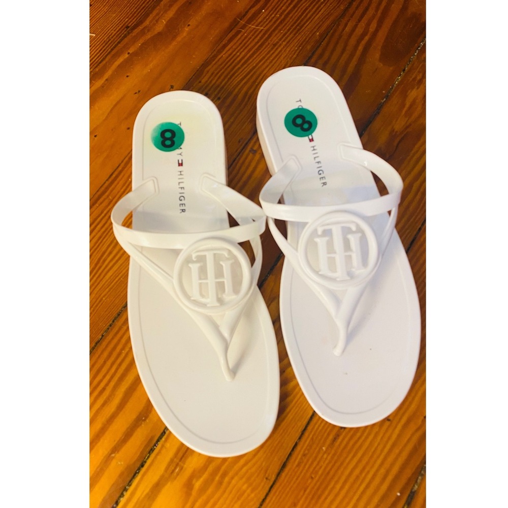 Tommy Hilfiger White Jelly Flip Flop Sandals TH Logo Thong Slides Size 8 Coastal